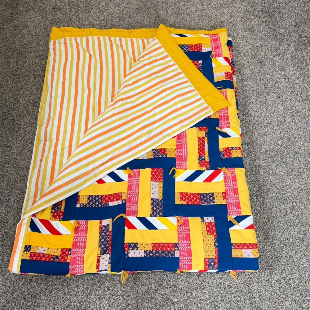 Handmade Patchwork Quilt Blanket Multicolor Geometric Stripe Reversible 92 x 71